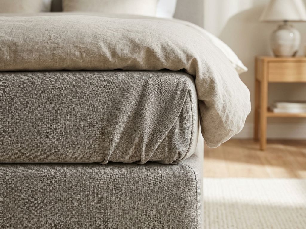 Boxspring met doorzakkende beige stoffering aan zijkant, dekbed bovenop, in neutrale slaapkamer