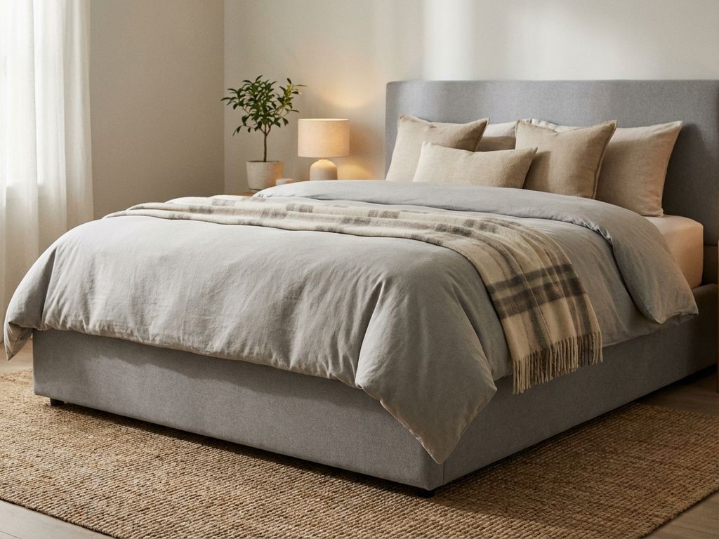 Ergonomische boxspring in grijstinten met beige kussens en plaid in stijlvolle slaapkamer met natuurlijke belichting