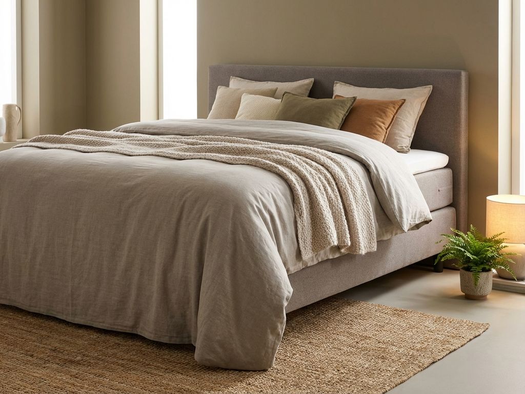 Complete boxspring bed op ideale hoogte voor mobiliteit, grijs gestoffeerd frame, natuurkleurige kussens en plaid