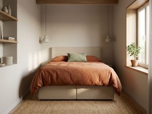 Compacte beige boxspring met terracotta dekbed in kleine slaapkamer met hanglampen en natuurlijke inrichting