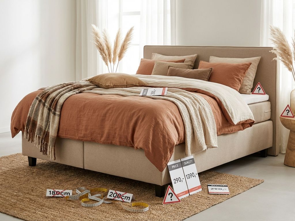 Complete boxspring bed met beige bekleding, dekbed, sierkussens en subtiele waarschuwingssymbolen voor koopadvies