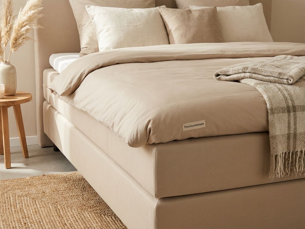 Hoogwaardige boxspring met beige dekbed zonder doorzakking, neutrale kussens en jute vloerkleed, toont goede matrasverzorging