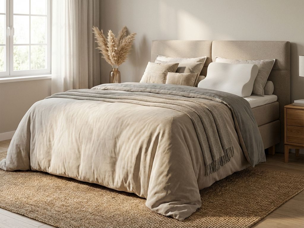 Complete boxspring bed met gestoffeerd hoofdbord en neksteun kussen in warme beige slaapkamer met zachte ochtendbelichting