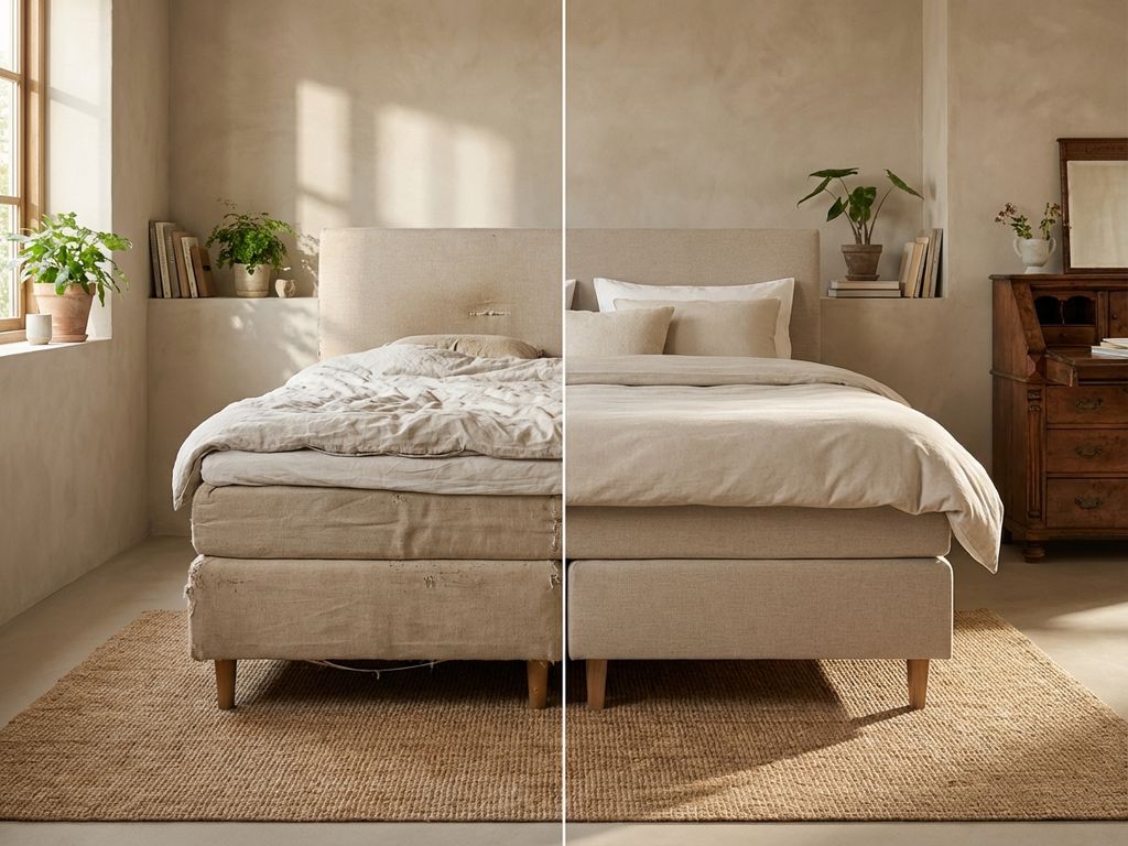 Vergelijking van oude doorgezakte boxspring links en nieuwe strakke boxspring rechts in warme slaapkamer setting