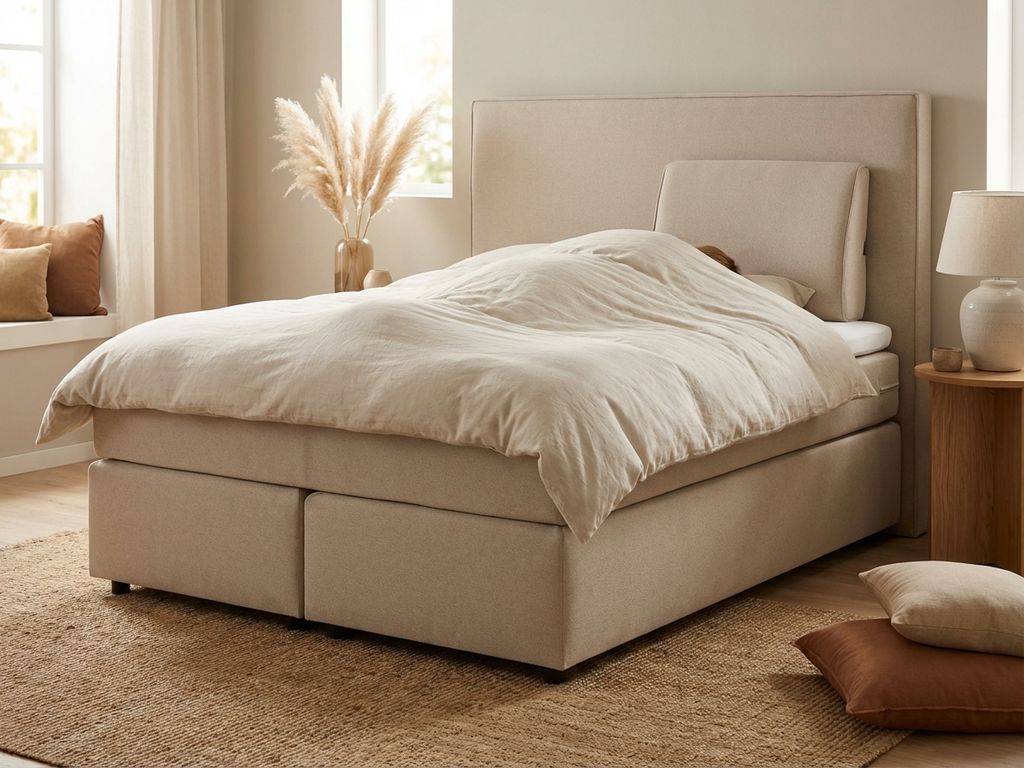 Beige boxspring met hoofdbord en rugsteunkussen in warme slaapkamer met jute vloerkleed en natuurlijke verlichting