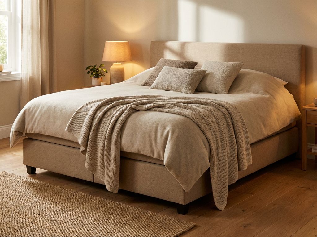 Complete boxspring bed met beige gestoffeerd frame in warme slaapkamer, geschikt voor senioren met zachte verlichting
