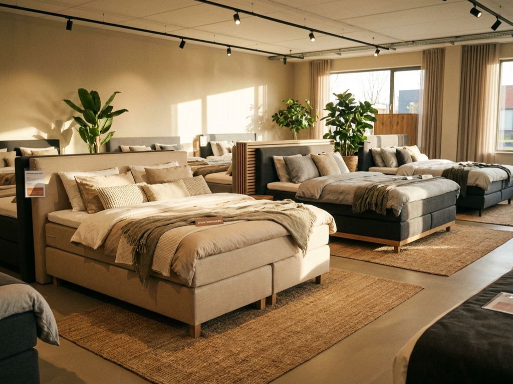 Showroom met diverse boxsprings in beige, grijs en antraciet, volledig opgemaakt met dekbedden en styling accessoires