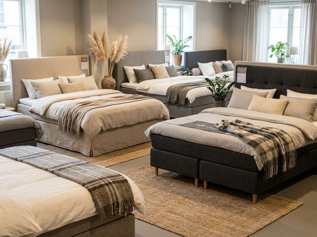 Showroom met diverse boxsprings in beige, grijs en antraciet, volledig opgemaakt met dekbedden, kussens en plaids