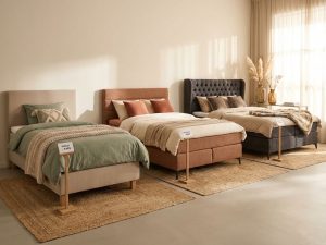Showroom met verschillende boxsprings in diverse prijsklassen, gestileerd met warme dekbedden en decoratieve kussens