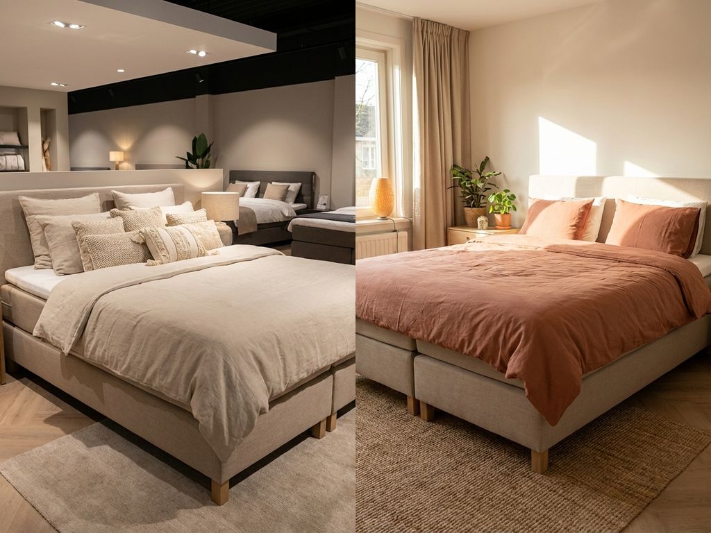 Boxspring bed getoond in showroom met beige beddengoed versus huiselijke slaapkamer met terracotta dekbed