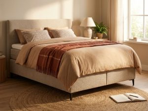Complete boxspring bed met beige gestoffeerd frame in slaapkamer met terracotta plaid, jute kleed en open notitieboek