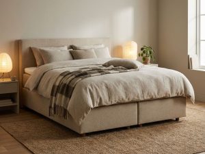 Complete boxspring bed met beige gestoffeerd frame in warme slaapkamer met dekbed, kussens en natuurlijke styling