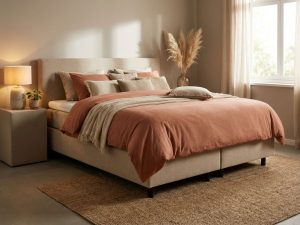 Complete boxspring bed met terracotta dekbed in rustieke slaapkamer met natuurlijke belichting en beige tinten