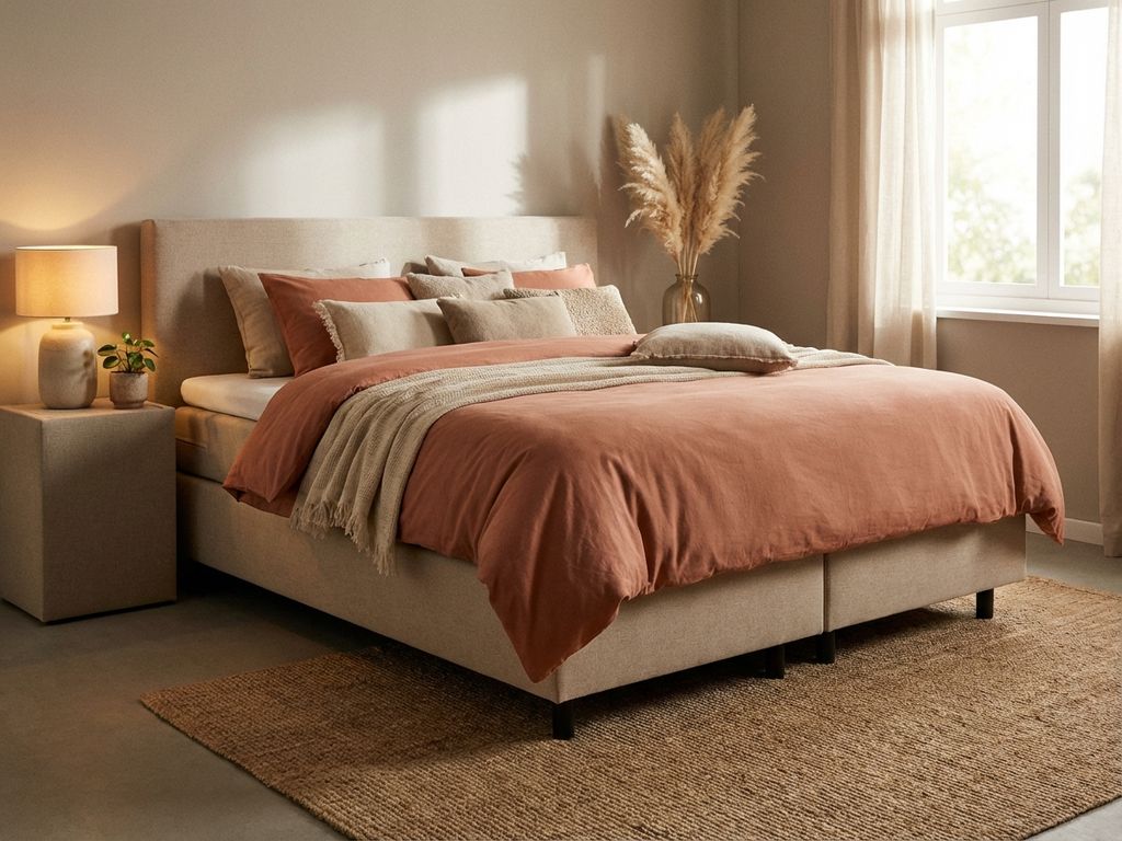 Complete boxspring bed met terracotta dekbed in rustieke slaapkamer met natuurlijke belichting en beige tinten