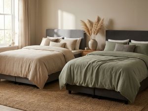 Twee boxspring bedden met beige en saliegroen dekbedden in slaapkamer met natuurlijke ochtendbelichting