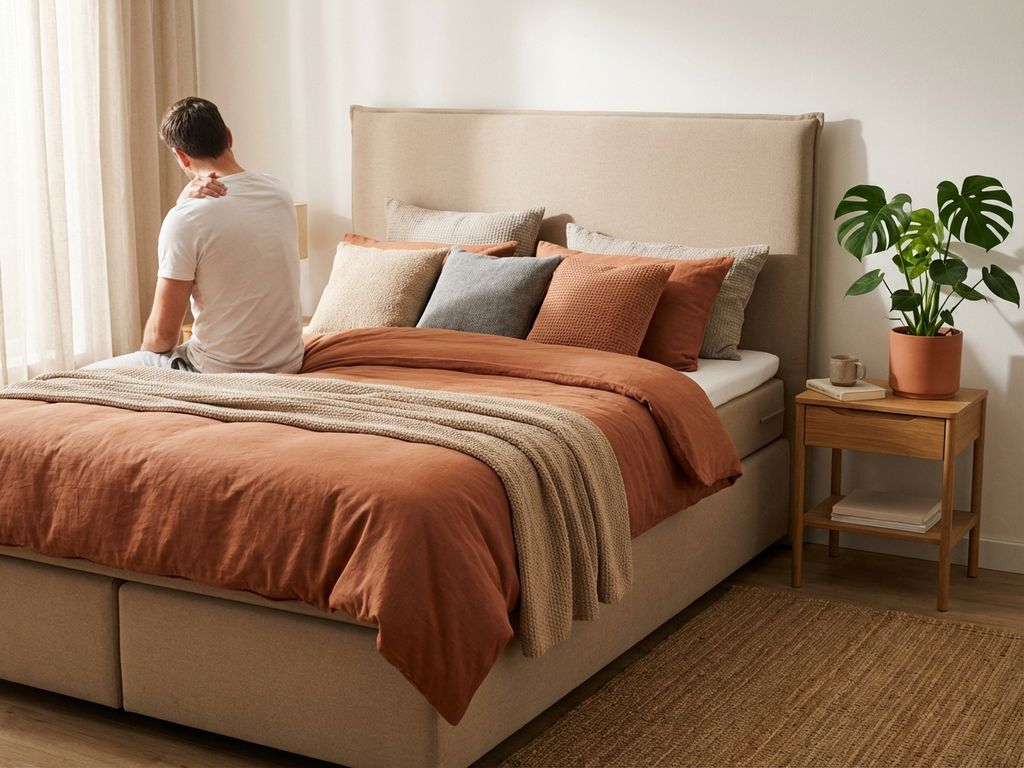 Persoon masseert stijve schouder in bed met beige boxspring, terracotta dekbed en zachte ochtendlicht door raam.