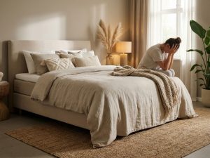 Beige boxspring bed met persoon die moe op bedrand zit in warme slaapkamer met natuurlijke verlichting