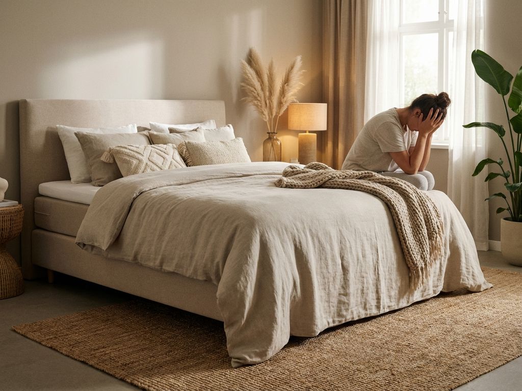 Beige boxspring bed met persoon die moe op bedrand zit in warme slaapkamer met natuurlijke verlichting