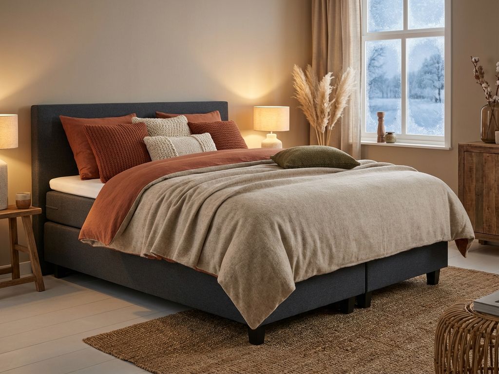 Complete boxspring bed met antraciet gestoffeerd frame en warme dekbedden in gezellige slaapkamer met winterse sfeer