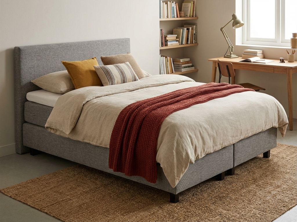 Compacte grijze boxspring met dekbed en kussens in stijlvolle studentenkamer met bureau en boekenplank