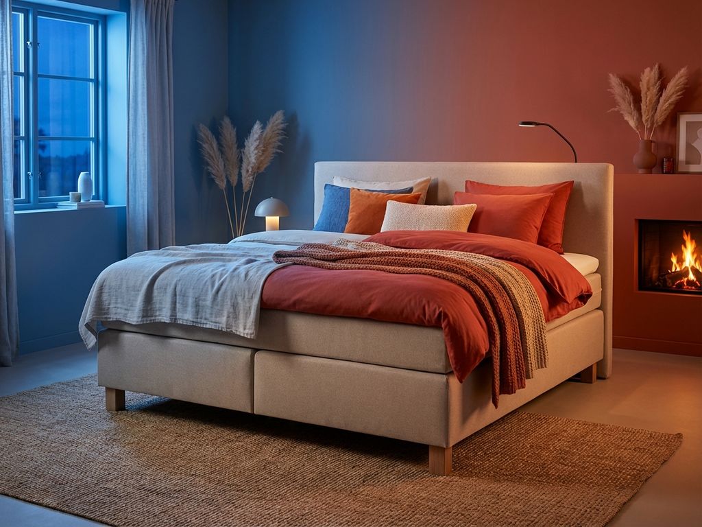 Boxspring bed met beige bekleding in slaapkamer met warm-koud contrast: blauwe en rode dekbedden, jute vloerkleed