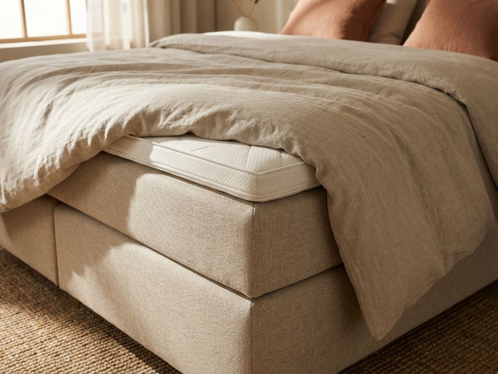 Beige boxspring bed met perfect geplaatste topper, dekbed en terracotta kussens in warme slaapkamer setting.