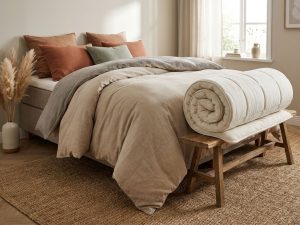 Boxspring bed met losse topper op nachtkastje, beige en grijze tinten, terracotta kussens in rustgevende slaapkamer