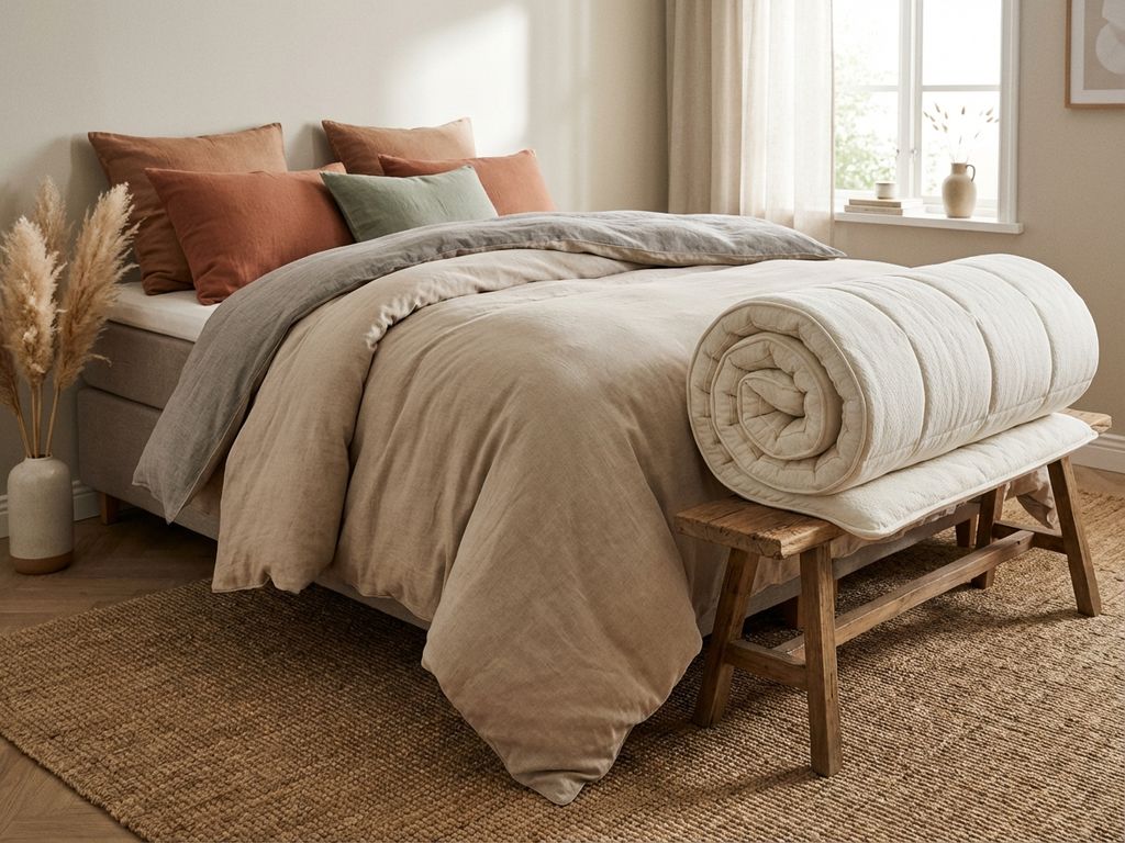 Boxspring bed met losse topper op nachtkastje, beige en grijze tinten, terracotta kussens in rustgevende slaapkamer