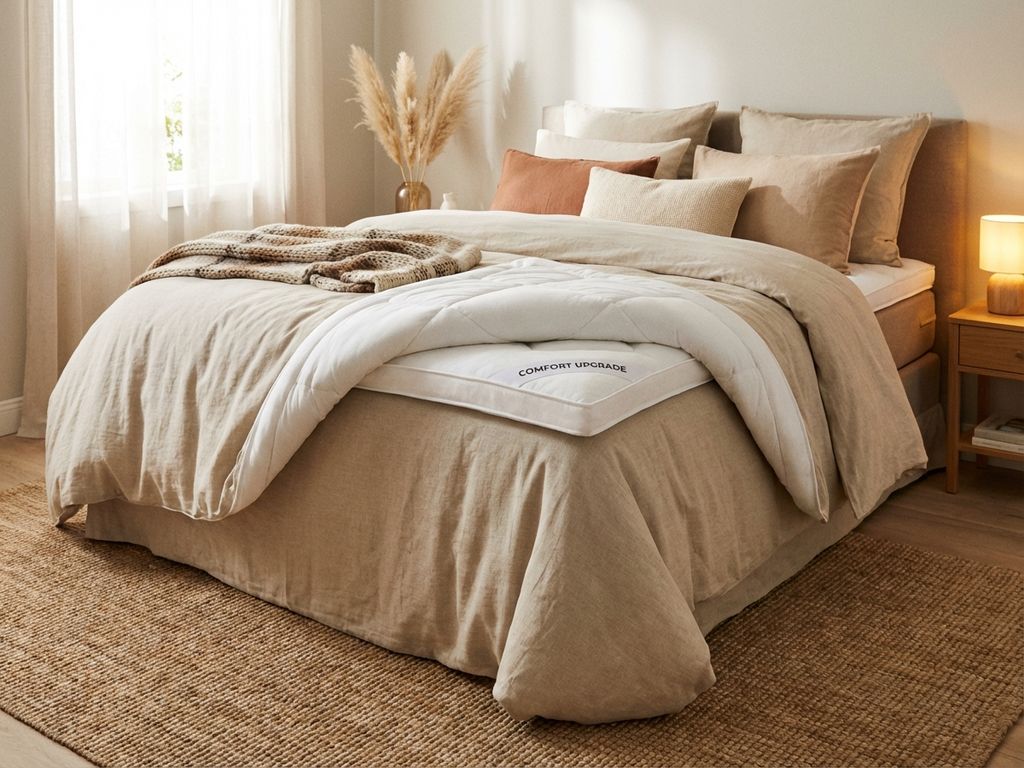 Boxspring bed met witte topper half opgevouwen aan voeteneinde in warme beige slaapkamer met natuurlijke belichting