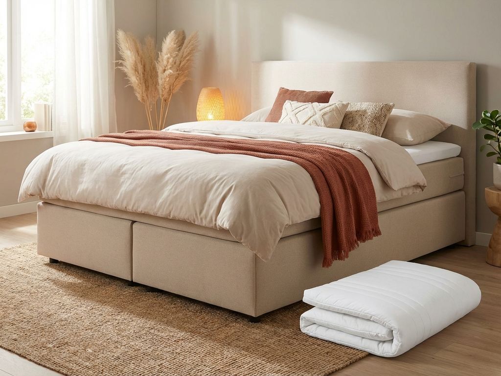 Boxspring bed met beige gestoffeerd frame en witte topper in warme slaapkamer met natuurlijke decoratie