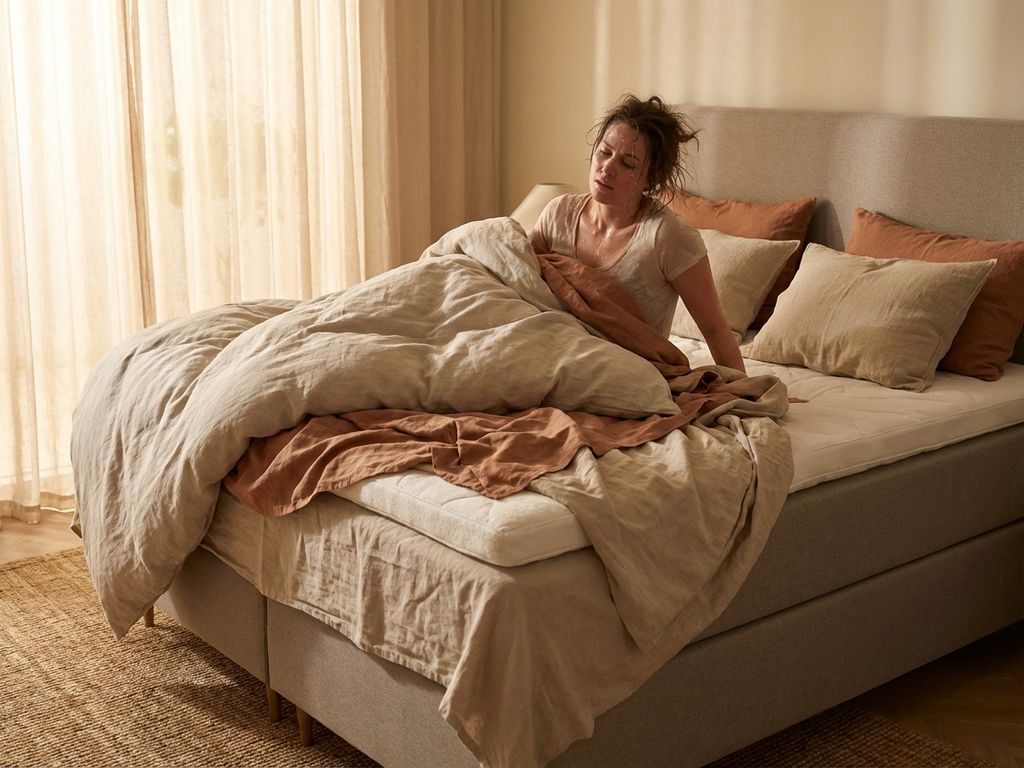 Persoon wakker wordend op boxspring bed met topper, zweet zichtbaar, warm ochtendlicht in beige slaapkamer