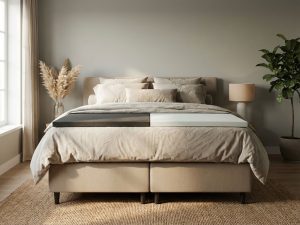 Boxspring bed met traagschuim en koudschuim toppers naast elkaar, beige gestoffeerd frame in natuurlijke slaapkamer