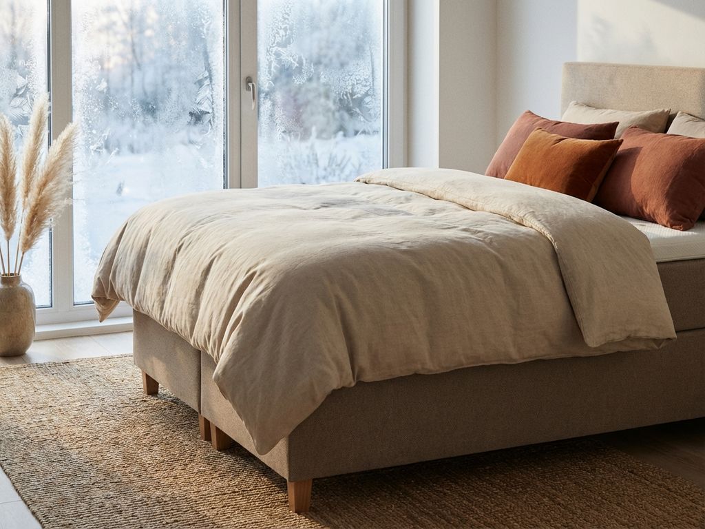 Boxspring met traagschuim topper en beige dekbed in winterse slaapkamer met terracotta kussens en vorstpatronen op raam