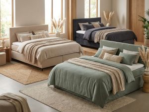 Moderne boxsprings 2026 trends in beige, antraciet en saliegroen in stijlvolle showroom met natuurlijke styling