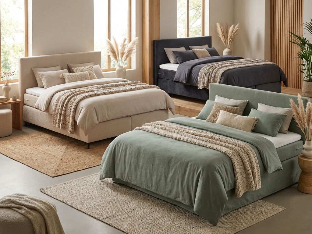 Moderne boxsprings 2026 trends in beige, antraciet en saliegroen in stijlvolle showroom met natuurlijke styling