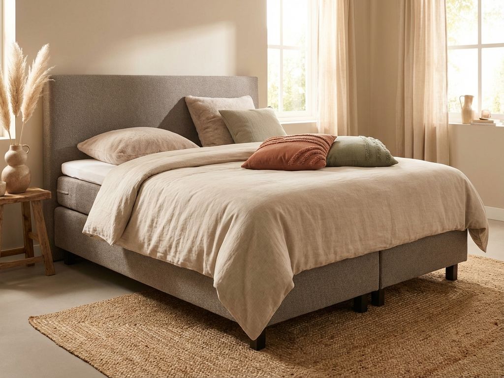 Complete boxspring voor twee personen met grijs hoofdbord en beige dekbed in warme slaapkamer met natuurlijk licht