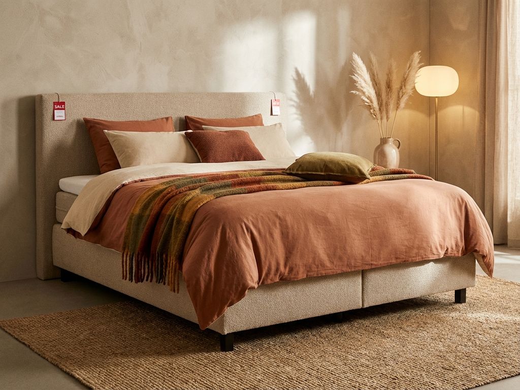 Complete boxspring bed met beige gestoffeerd hoofdbord, rode uitverkoop-prijskaartjes, aardetinten kussens en warme styling