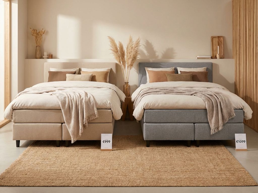 Twee boxsprings voor prijsvergelijking in showroom: beige en grijze bedden met dekbedden en prijskaartjes