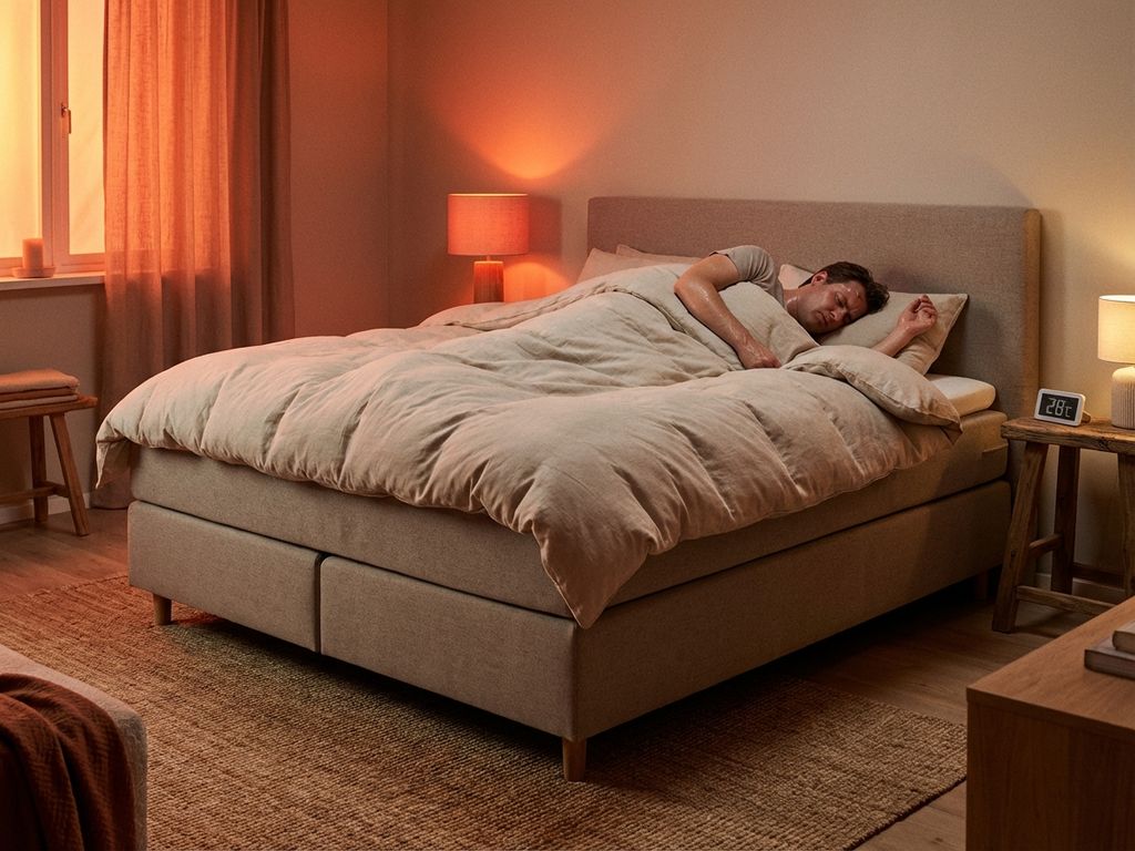 Persoon woelt oncomfortabel in bed met dik dekbed, zweetdruppels zichtbaar, thermometer toont hoge temperatuur