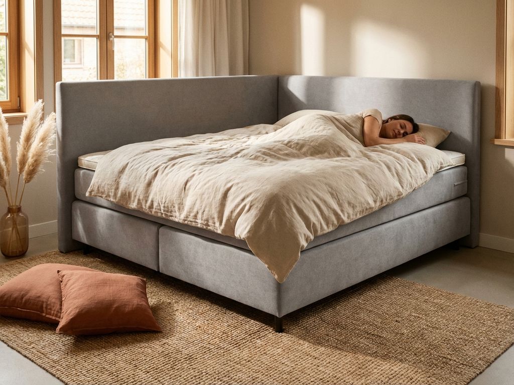 Grijze boxspring bed met persoon die comfortabel op zijkant slaapt in warme slaapkamer met aardetinten