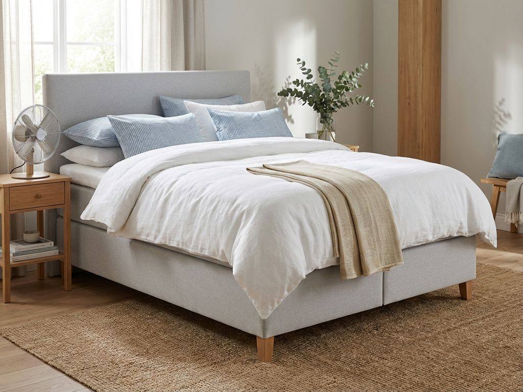 Lichtgrijze boxspring met wit linnen dekbed en koele blauw-witte kussens in zomerse slaapkamer met ventilator