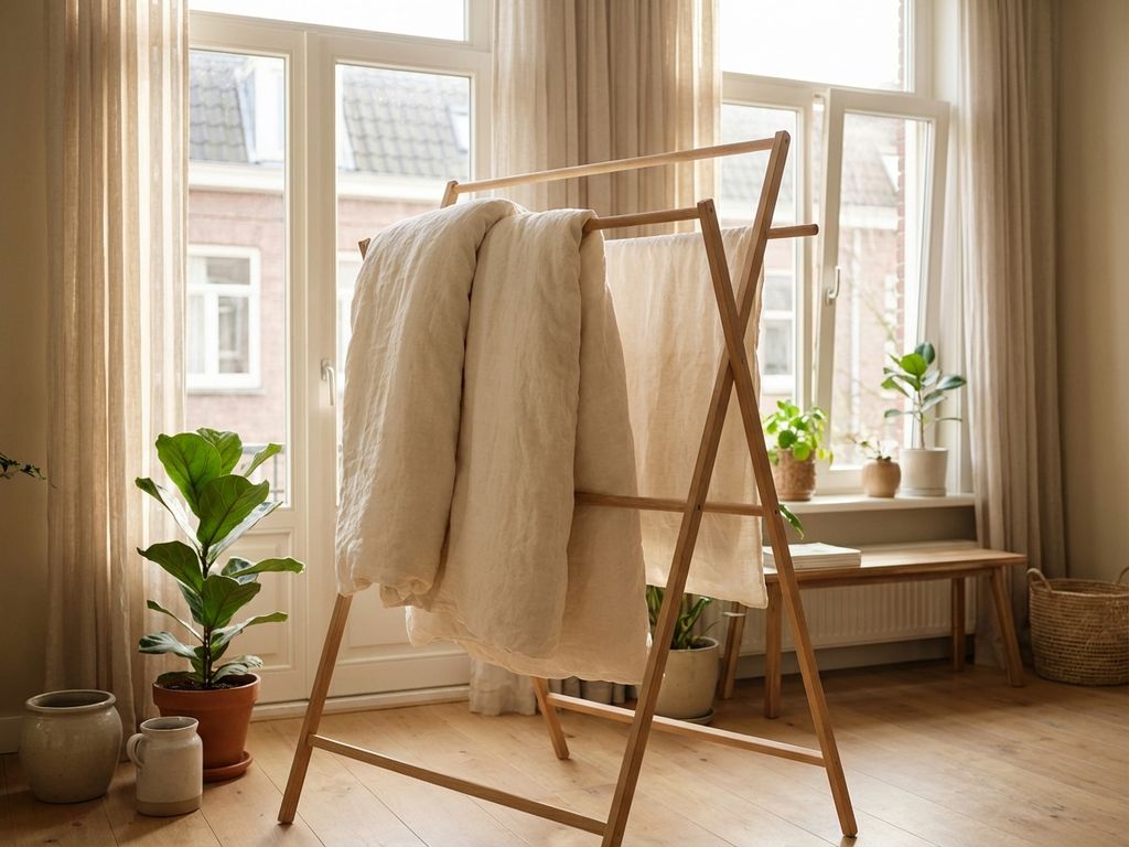 Wit dekbed hangt te drogen op houten rek bij raam in lichte Nederlandse woonkamer met natuurlijk daglicht