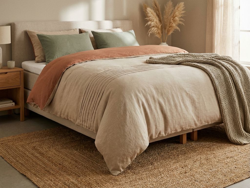 Luxe dekbed in beige en terracotta tinten op boxspring bed met groene kussens en gebreide plaid in warme slaapkamer