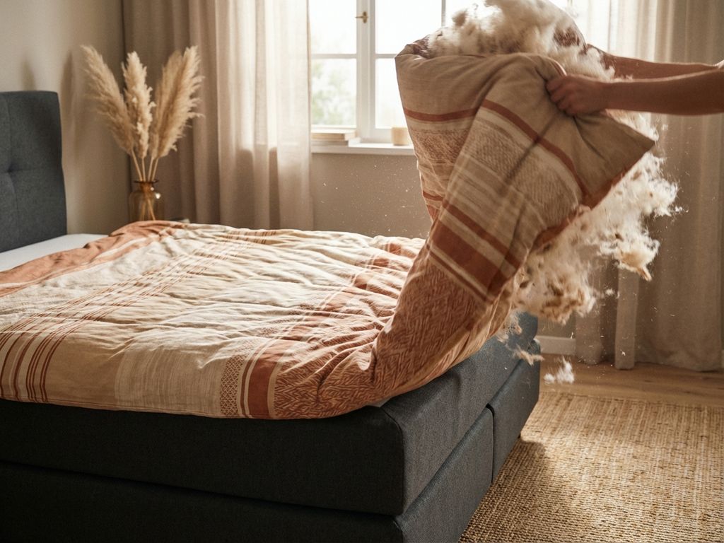 Dekbed wordt opgeschud op antraciet boxspring bed met warme beige tinten in natuurlijk ochtendlicht