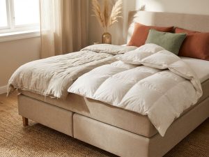 Oude platte dekbed naast nieuwe volumineuze dekbed op beige boxspring in slaapkamer met terracotta kussens