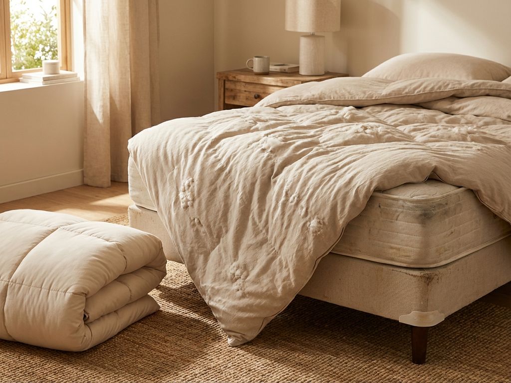 Beschadigde beige dekbed op boxspring bed toont klonterige vulling en oneffen textuur na wassen, naast pristine dekbed