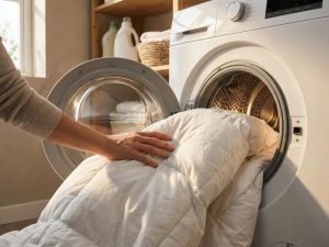 Wit dekbed wordt in moderne wasmachine geplaatst, close-up met zachte belichting en huishoudelijke elementen op achtergrond