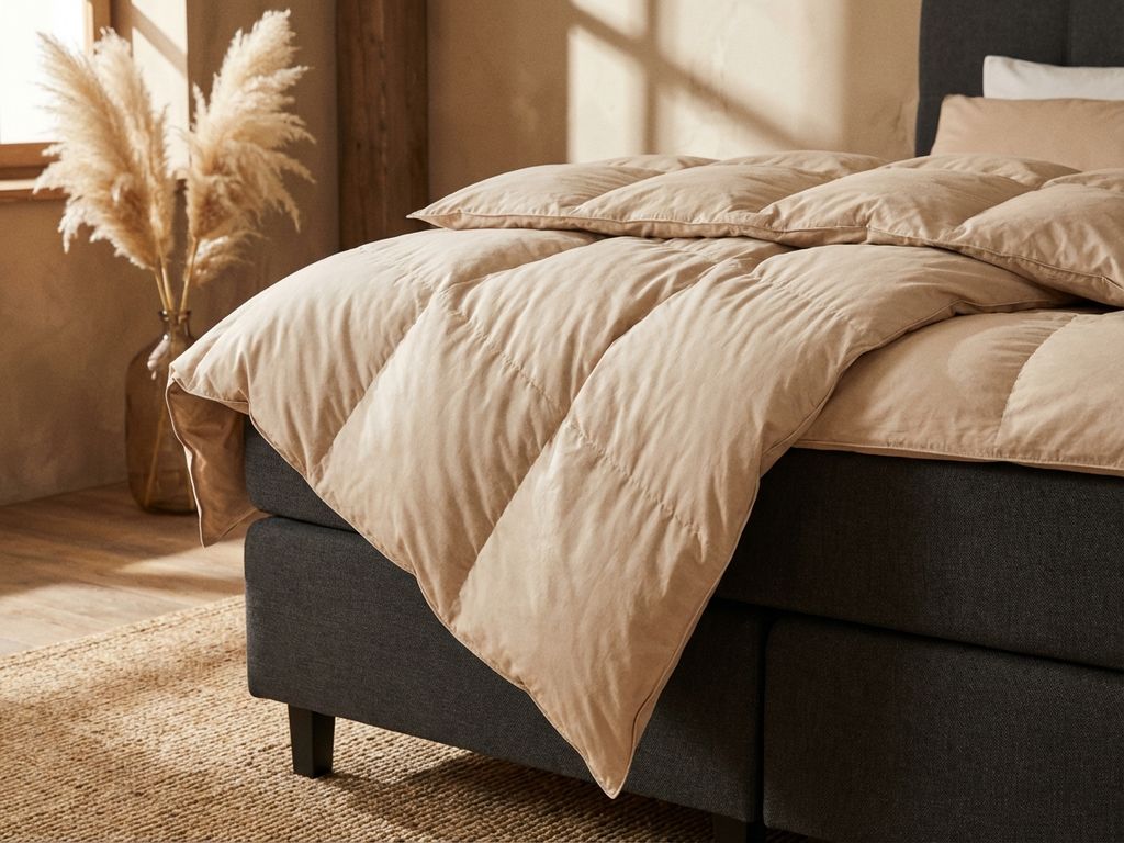Luxe donzen dekbed in beige tinten gedrapeerd over antraciet boxspring in stijlvolle slaapkamer met natuurlijke belichting