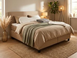 Ergonomische boxspring met beige bekleding in warme slaapkamer met ondersteunende kussens en natuurlijke decoratie