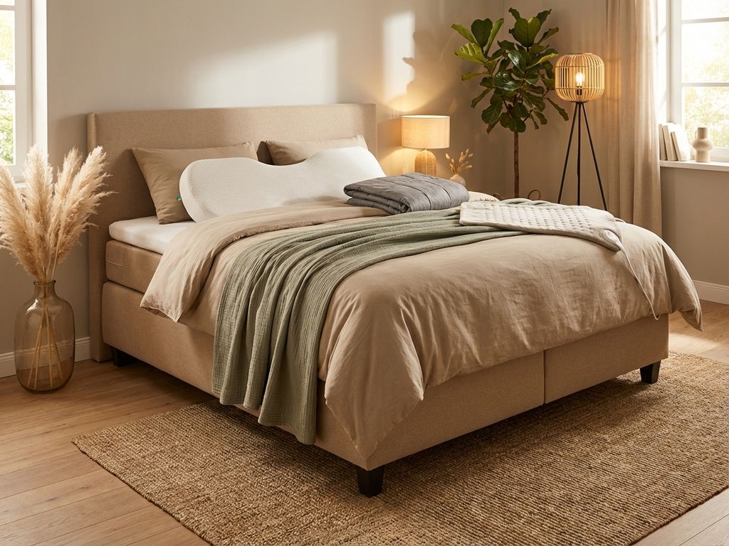 Ergonomische boxspring met beige bekleding in warme slaapkamer met ondersteunende kussens en natuurlijke decoratie
